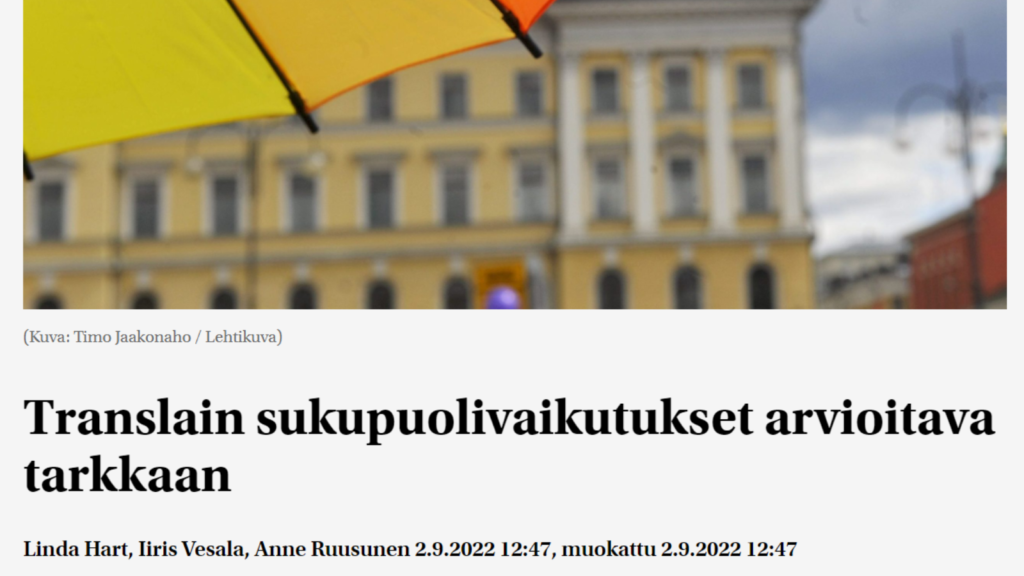 Mielipidekirjoitus translain uudistukseen liittyen julkaistu Suomenmaassa