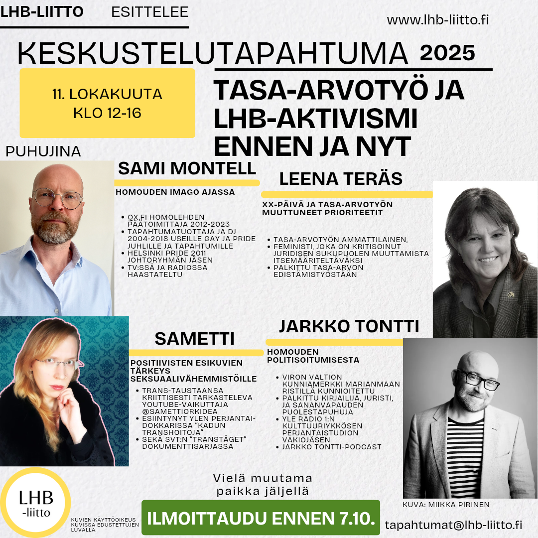 Paikkoja vielä jäljellä! LHB-liiton 11.10.2025 keskustelutapahtuma ”LHB-aktivismi ennen ja nyt”