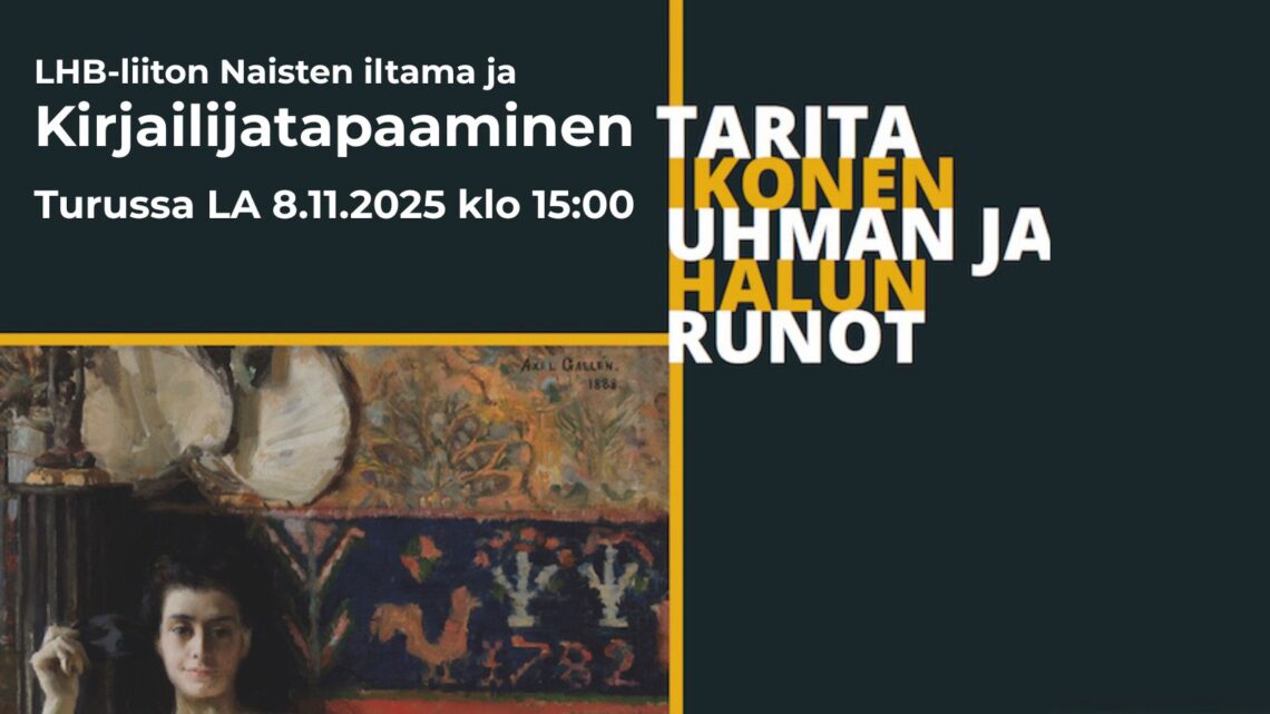 Kirjailija Tarita Ikonen LHB-liiton Naisten iltamassa (8.11.) ja muut loppuvuoden tapahtumat