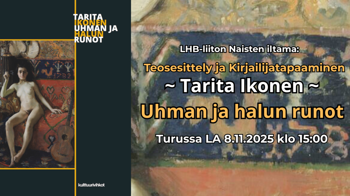 Kirjailija Tarita Ikonen LHB-liiton Naisten iltamassa (8.11.) ja muut loppuvuoden tapahtumat